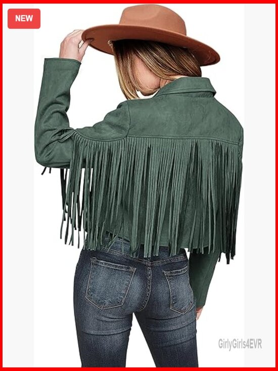 Jackets & Blazers - Faux Suede Fringe Cropped Jacket, Motorcycle Style, Fitted, Long Sleeve